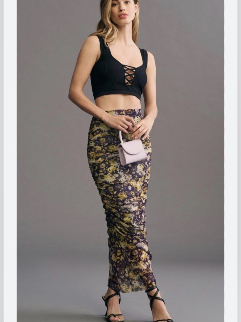 Anthropologie M Purple-yellow floral ruched stretch elastic waist midi skirt - Picture 2 of 11